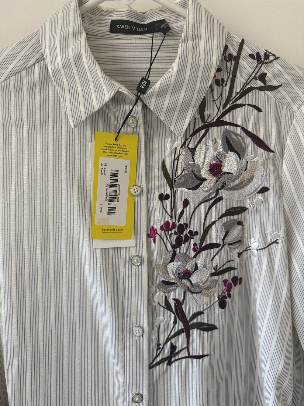Karen Millen White and Gray Striped Button-Down Shirt with Floral Embroidery